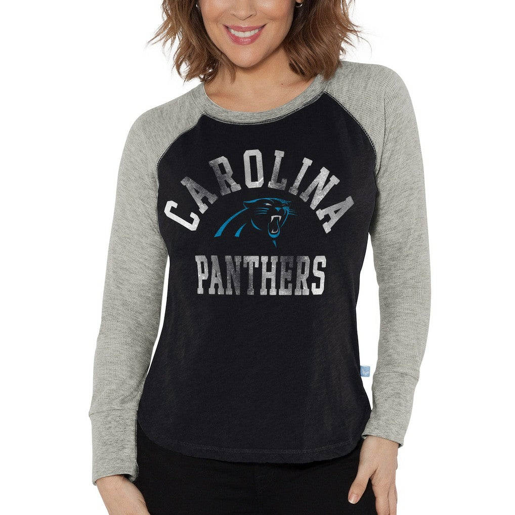 Carolina Panthers G-III 4Her by Carl Banks Women's Waffle Knit Raglan Long Sleeve T-Shirt - Black/Heather Gray outlet