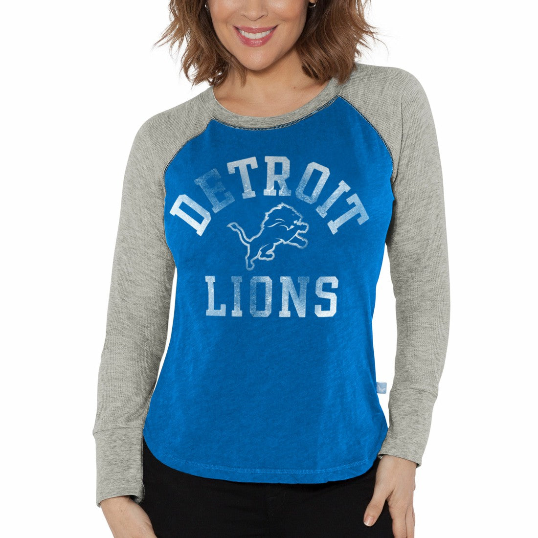 Detroit Lions G-III 4Her by Carl Banks Women's Waffle Knit Raglan Long Sleeve T-Shirt - Blue/Heather Gray outlet