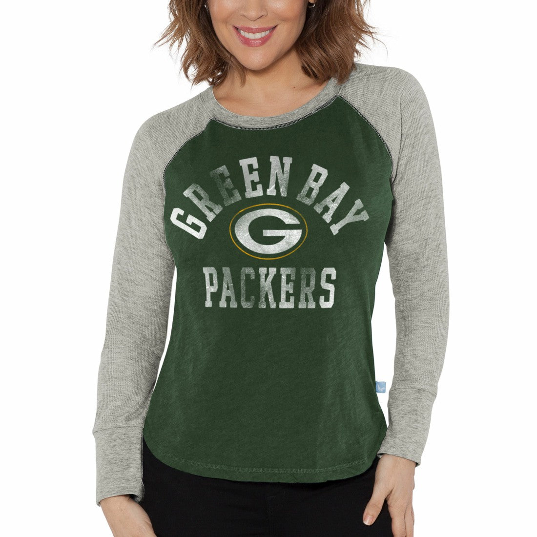 Green Bay Packers G-III 4Her by Carl Banks Women's Waffle Knit Raglan Long Sleeve T-Shirt - Green/Heather Gray outlet