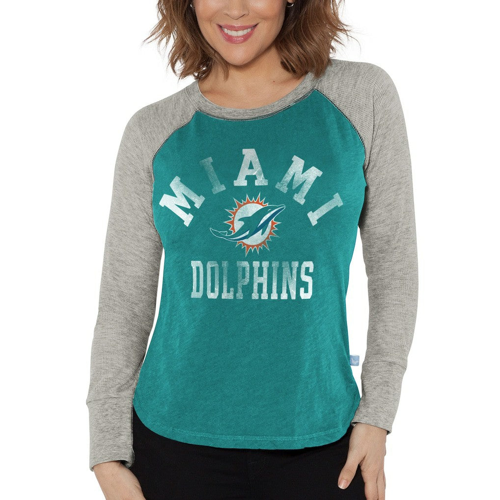 Miami Dolphins G-III 4Her by Carl Banks Women's Waffle Knit Raglan Long Sleeve T-Shirt - Aqua/Heather Gray outlet
