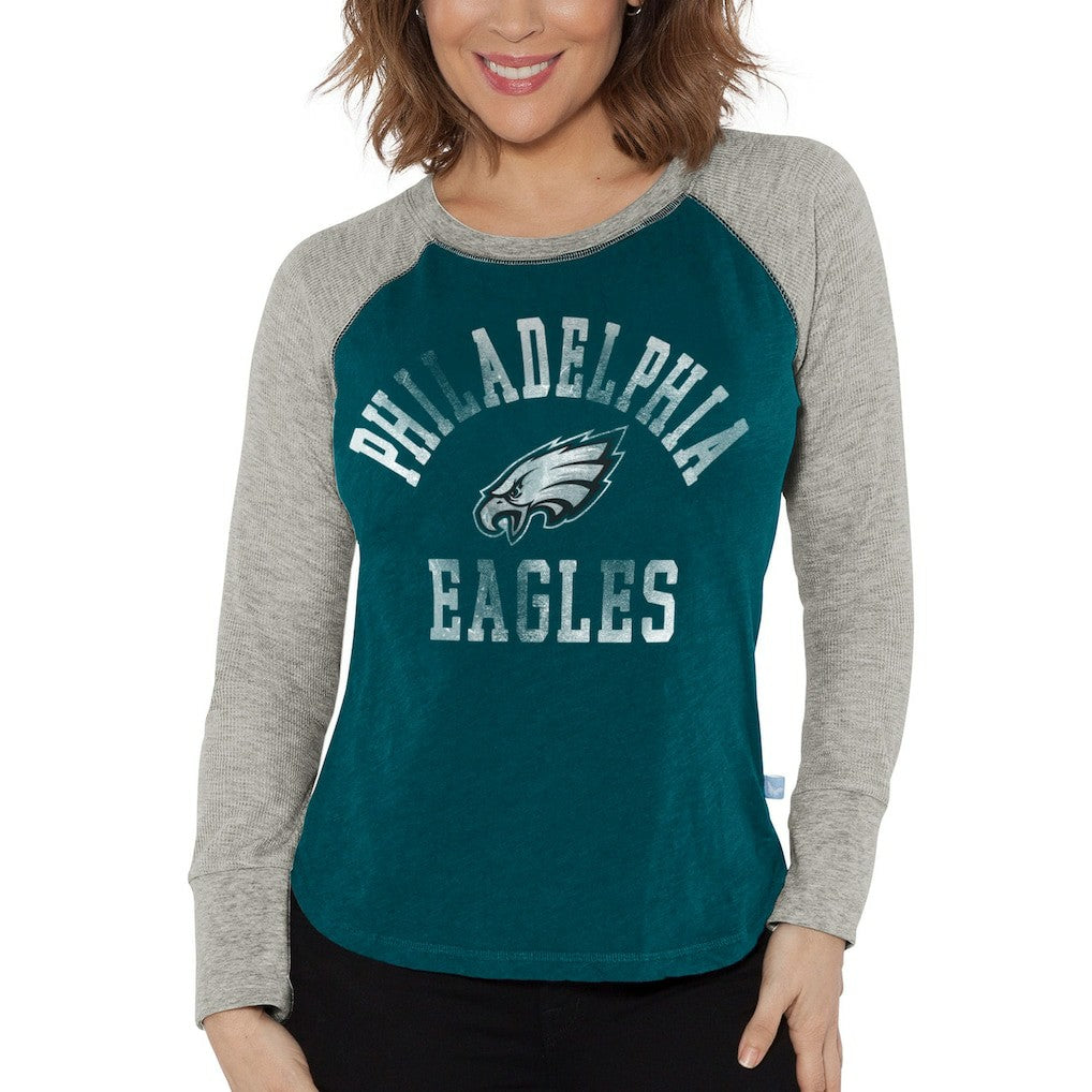 Philadelphia Eagles G-III 4Her by Carl Banks Women's Waffle Knit Raglan Long Sleeve T-Shirt - Midnight Green/Heather Gray discount