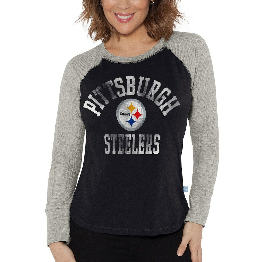 Pittsburgh Steelers G-III 4Her by Carl Banks Women's Waffle Knit Raglan Long Sleeve T-Shirt - Black/Heather Gray for sale