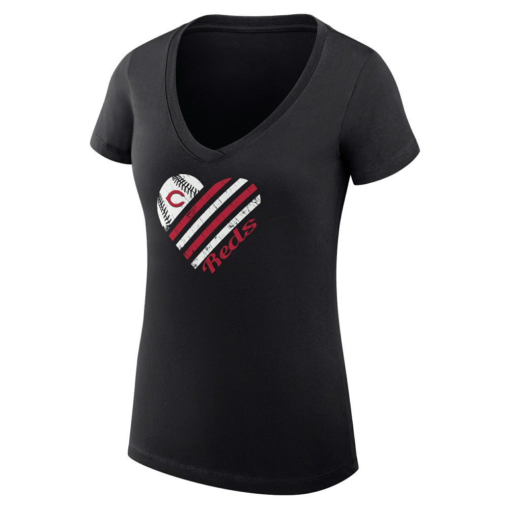 Cincinnati Reds G-III 4Her by Carl Banks Women's Super-Slim Fit Lightweight Heart V-Neck T-Shirt - Black