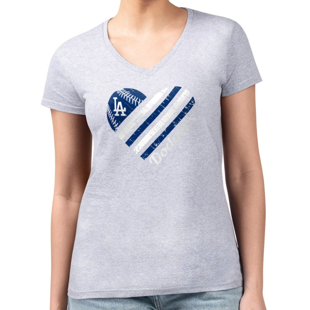 Los Angeles Dodgers G-III 4Her by Carl Banks Women's Super-Slim Fit Lightweight Heart V-Neck T-Shirt - Heather Gray