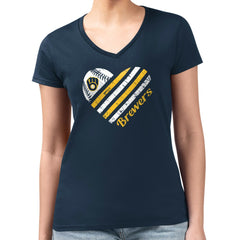 Milwaukee Brewers G-III 4Her by Carl Banks Women's Super-Slim Fit Lightweight Heart V-Neck T-Shirt - Navy