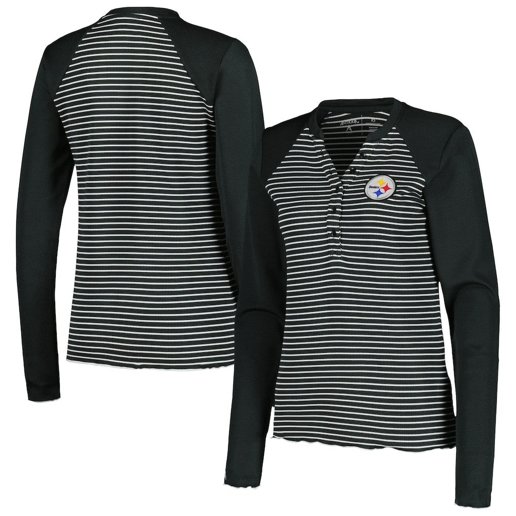 Pittsburgh Steelers Antigua Women's Maverick Waffle Henley Long Sleeve T-Shirt - Black on sale