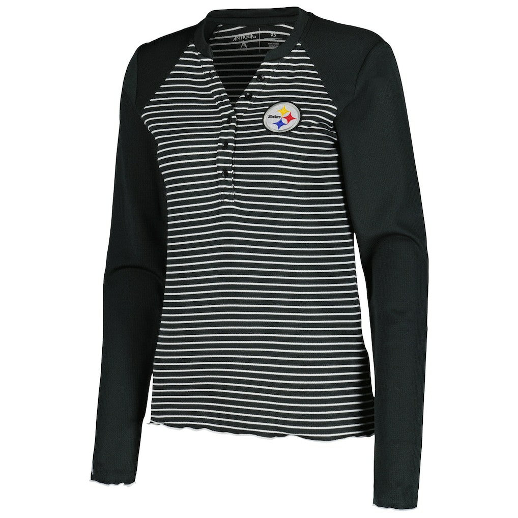 Pittsburgh Steelers Antigua Women's Maverick Waffle Henley Long Sleeve T-Shirt - Black on sale