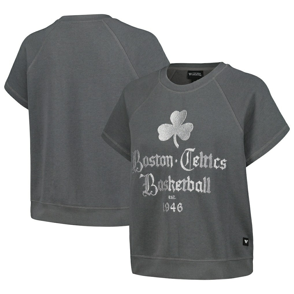Boston Celtics The Wild Collective Women's Embroidered Fleece Raglan Short Sleeve Pullover Sweatshirt - Gray shop