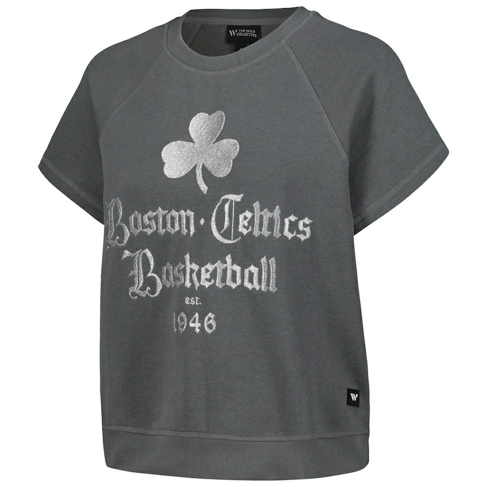 Boston Celtics The Wild Collective Women's Embroidered Fleece Raglan Short Sleeve Pullover Sweatshirt - Gray shop