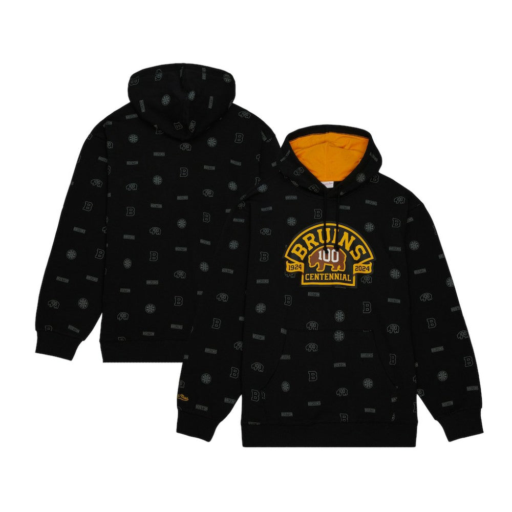 Boston Bruins Mitchell & Ness 100th Anniversary Allover Print Pullover Hoodie Black