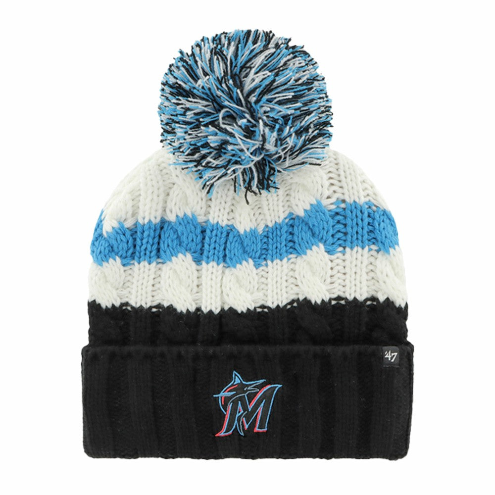 Miami Marlins Women's Ashfield Cuffed Knit Hat with Pom - White/Black | 47 brand