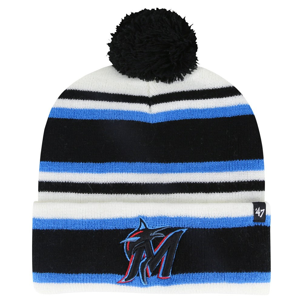Miami Marlins Youth Stripling Cuffed Knit Hat with Pom - White/Black | 47 brand
