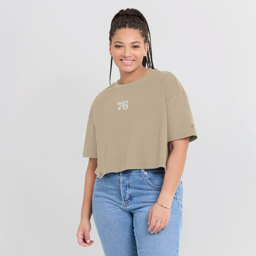 Philadelphia 76ers Women's Elements Super Soft Boxy Cropped T-Shirt - Khaki | Fanatics shop