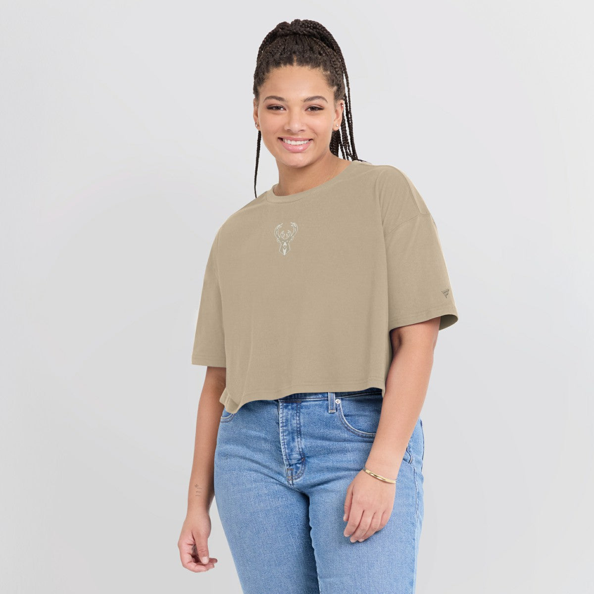 Milwaukee Bucks Women's Elements Super Soft Boxy Cropped T-Shirt - Khaki | Fanatics outlet