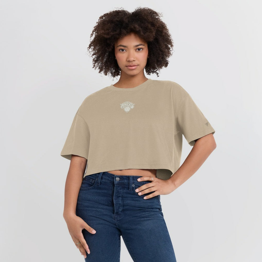 New York Knicks Women's Elements Super Soft Boxy Cropped T-Shirt - Khaki | Fanatics cheap