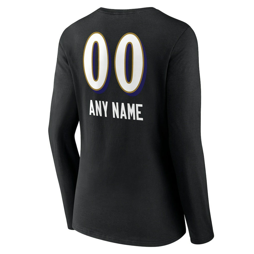 Baltimore Ravens Women's Personalized Name & Number Team Wordmark Long Sleeve V-Neck T-Shirt - Black for sale