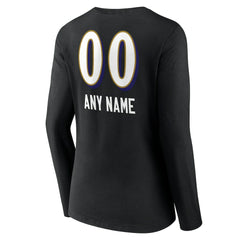 Baltimore Ravens Women's Personalized Name & Number Team Wordmark Long Sleeve V-Neck T-Shirt - Black for sale