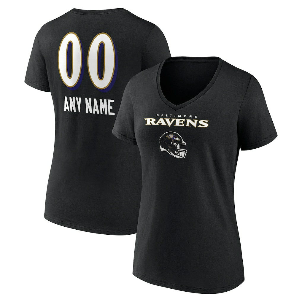 Baltimore Ravens Women's Personalized Name & Number Team Wordmark V-Neck T-Shirt - Black for sale