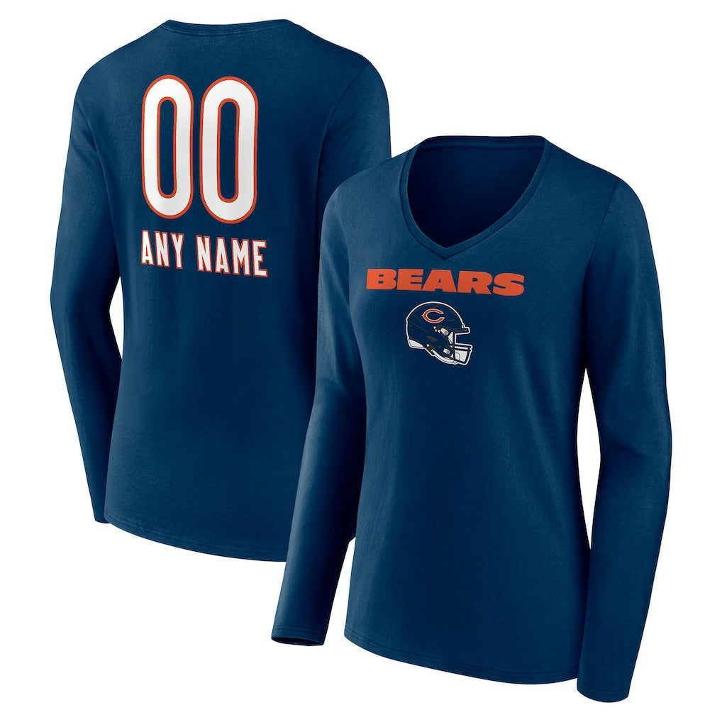 Chicago Bears Women's Personalized Name & Number Team Wordmark Long Sleeve V-Neck T-Shirt - Navy on sale