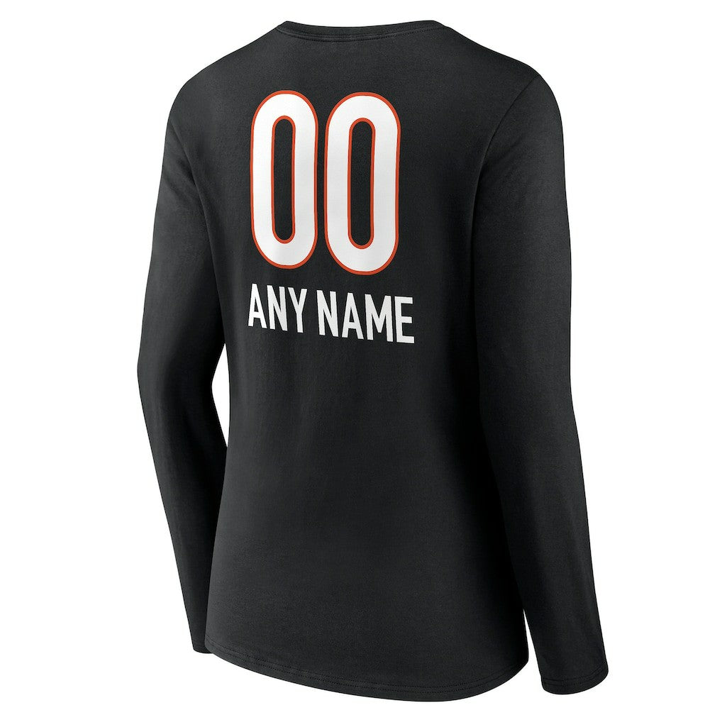 Cincinnati Bengals Women's Personalized Name & Number Team Wordmark Long Sleeve V-Neck T-Shirt - Black discount