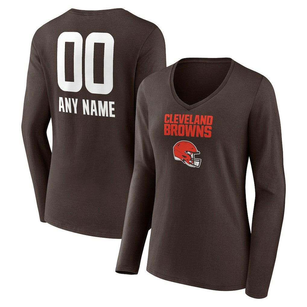Cleveland Browns Women's Personalized Name & Number Team Wordmark Long Sleeve V-Neck T-Shirt - Brown cheap