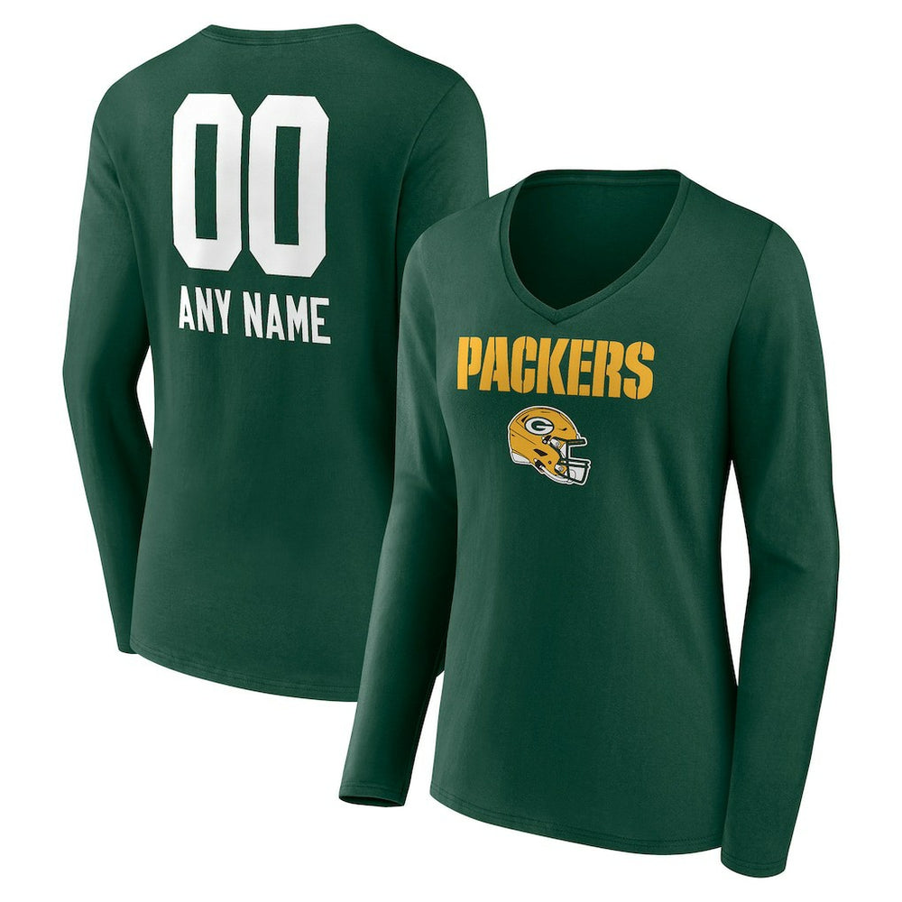 Green Bay Packers Women's Personalized Name & Number Team Wordmark Long Sleeve V-Neck T-Shirt - Green on sale