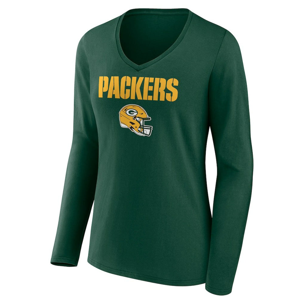 Green Bay Packers Women's Personalized Name & Number Team Wordmark Long Sleeve V-Neck T-Shirt - Green on sale