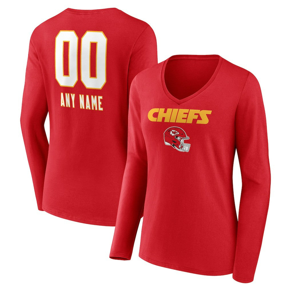 Kansas City Chiefs Women's Personalized Name & Number Team Wordmark Long Sleeve V-Neck T-Shirt - Red cheap