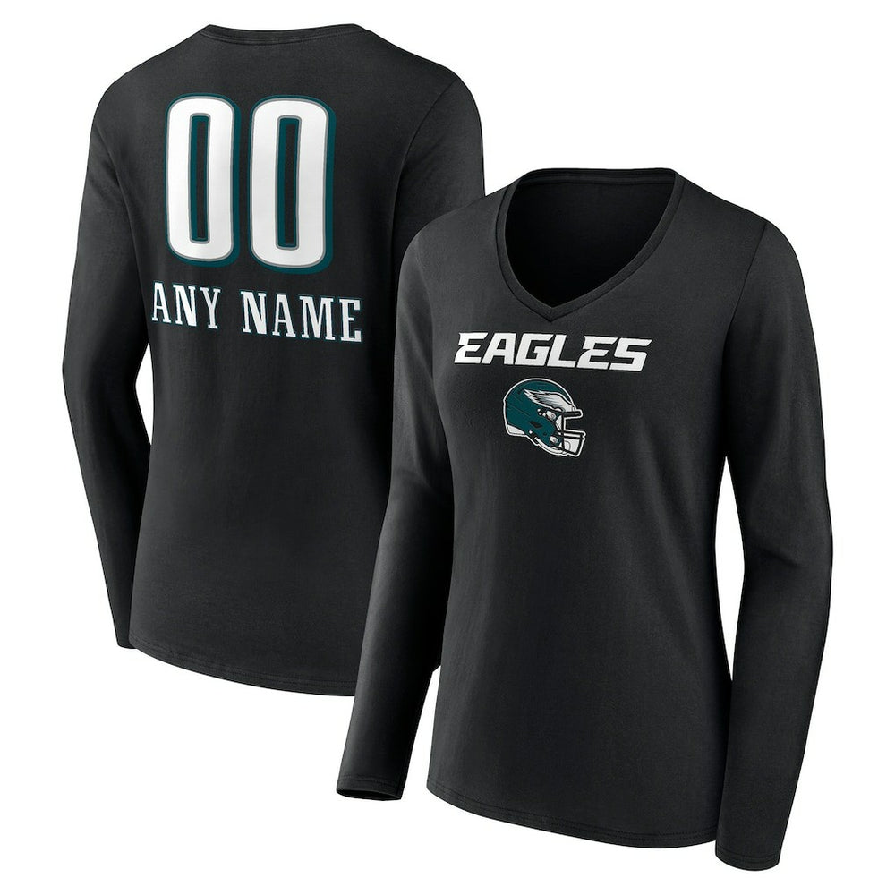 Philadelphia Eagles Women's Personalized Name & Number Team Wordmark Long Sleeve V-Neck T-Shirt - Black sale
