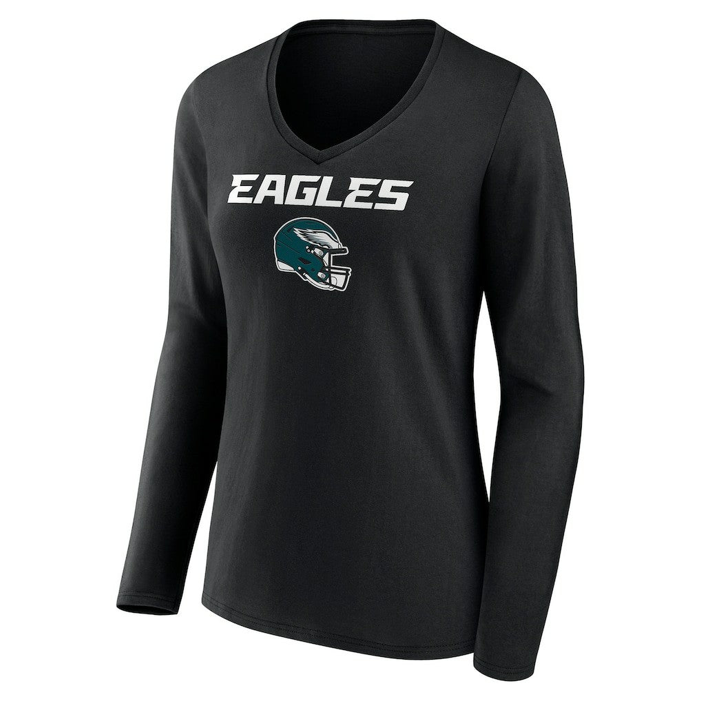 Philadelphia Eagles Women's Personalized Name & Number Team Wordmark Long Sleeve V-Neck T-Shirt - Black sale