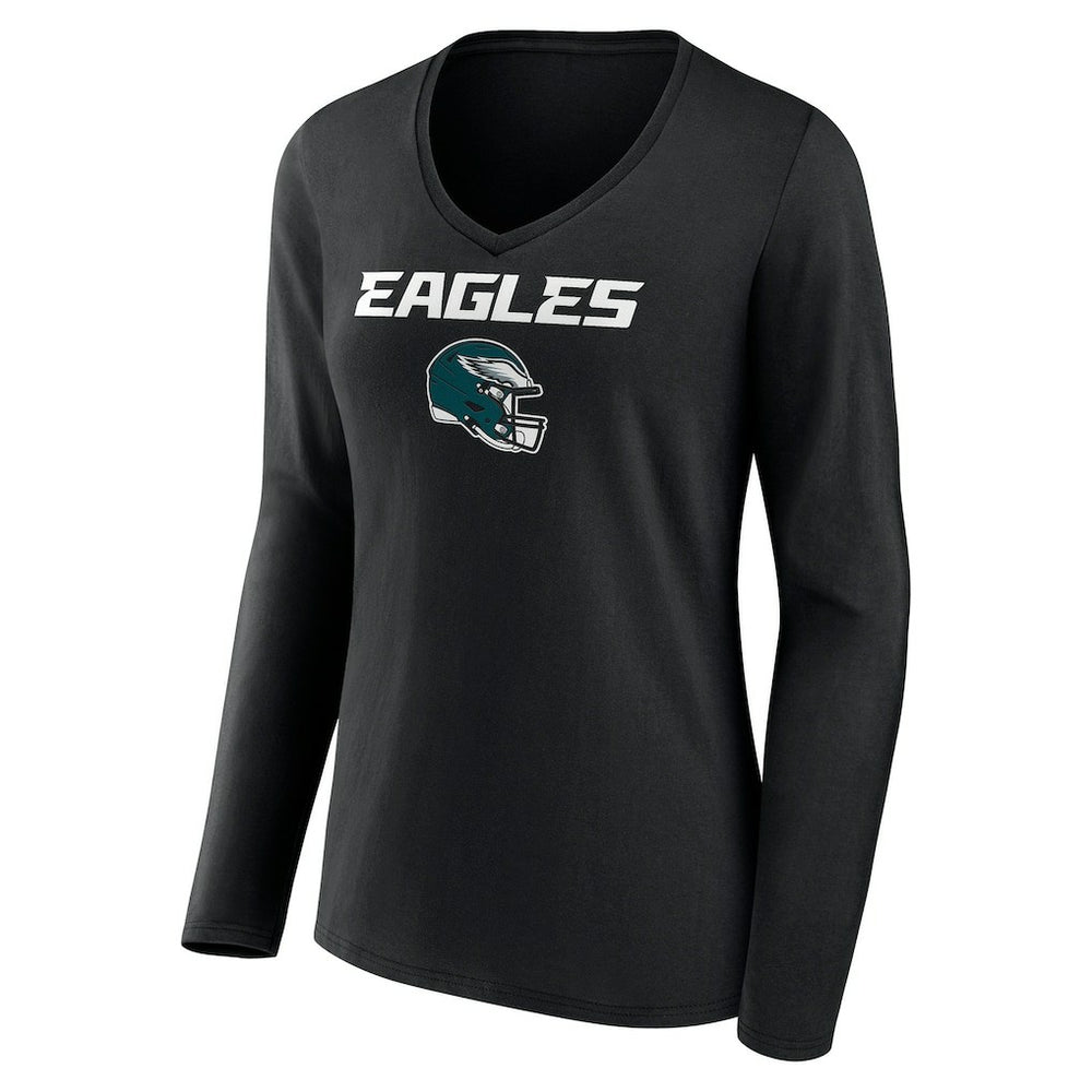Philadelphia Eagles Women's Personalized Name & Number Team Wordmark Long Sleeve V-Neck T-Shirt - Black sale