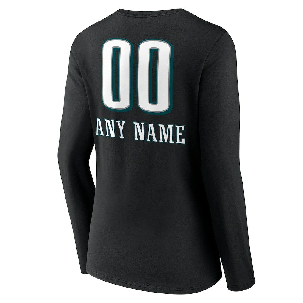 Philadelphia Eagles Women's Personalized Name & Number Team Wordmark Long Sleeve V-Neck T-Shirt - Black sale