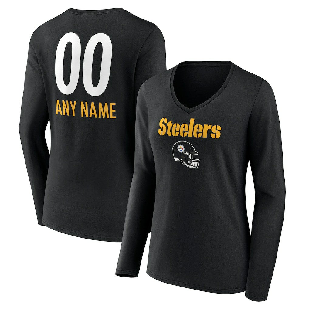 Pittsburgh Steelers Women's Personalized Name & Number Team Wordmark Long Sleeve V-Neck T-Shirt - Black discount
