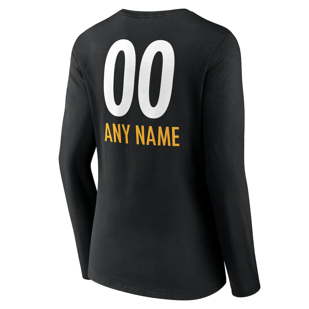 Pittsburgh Steelers Women's Personalized Name & Number Team Wordmark Long Sleeve V-Neck T-Shirt - Black discount