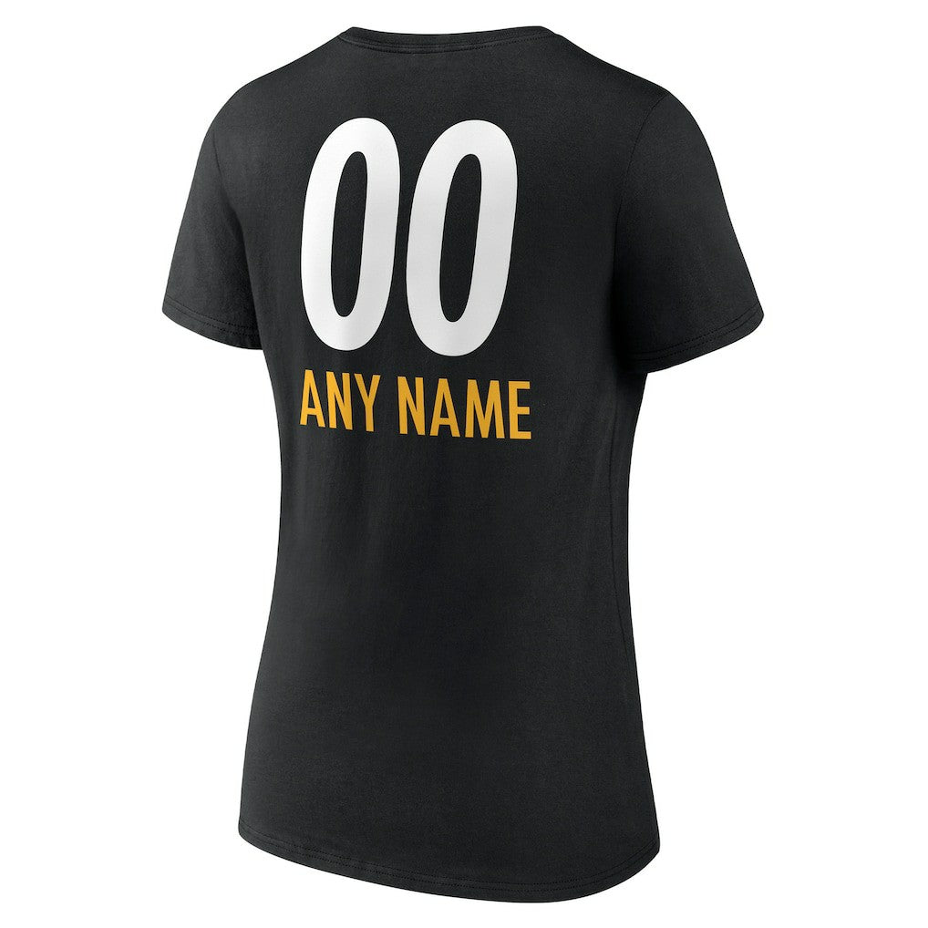 Pittsburgh Steelers Women's Personalized Name & Number Team Wordmark V-Neck T-Shirt - Black on sale