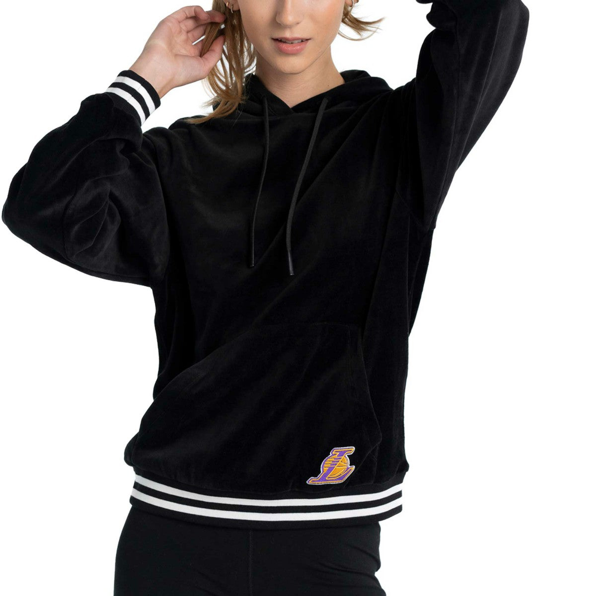Los Angeles Lakers Lusso Women's Nellie Oversized Velour Pullover Hoodie - Black for sale
