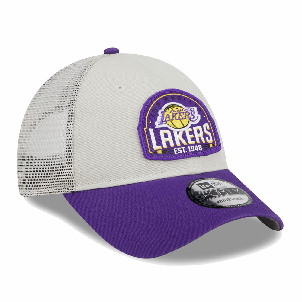 Los Angeles Lakers Throwback Patch Trucker 9FORTY Adjustable Hat - Khaki/Purple | New Era sale