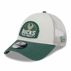 Milwaukee Bucks Throwback Patch Trucker 9FORTY Adjustable Hat - Khaki/Hunter Green | New Era discount
