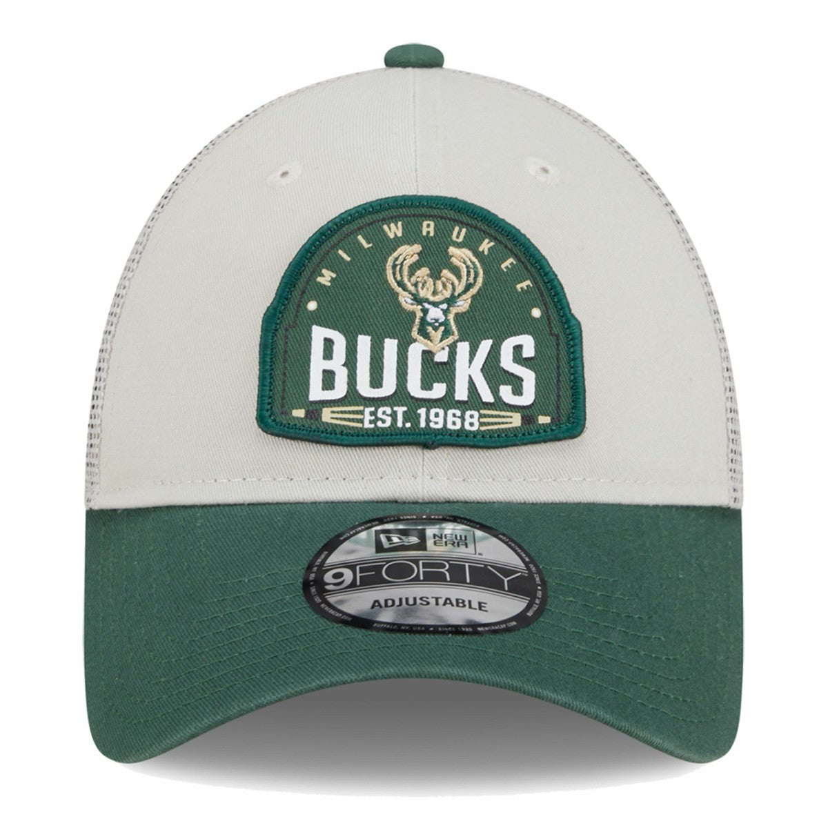 Milwaukee Bucks Throwback Patch Trucker 9FORTY Adjustable Hat - Khaki/Hunter Green | New Era discount