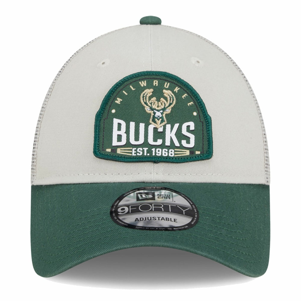 Milwaukee Bucks Throwback Patch Trucker 9FORTY Adjustable Hat - Khaki/Hunter Green | New Era discount