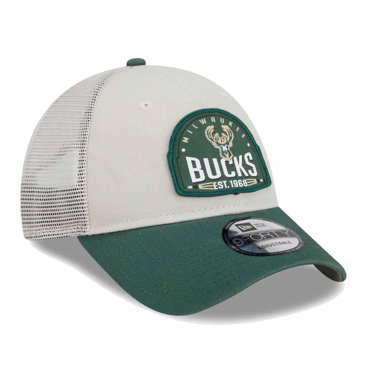 Milwaukee Bucks Throwback Patch Trucker 9FORTY Adjustable Hat - Khaki/Hunter Green | New Era discount