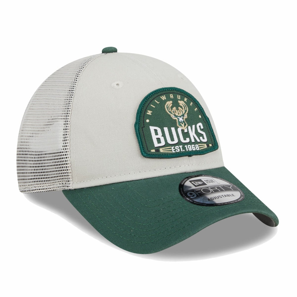 Milwaukee Bucks Throwback Patch Trucker 9FORTY Adjustable Hat - Khaki/Hunter Green | New Era discount