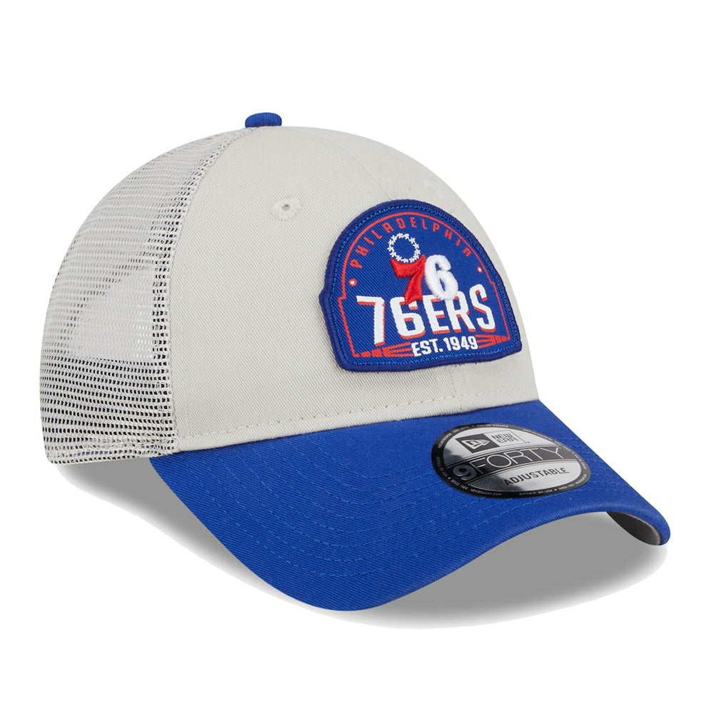 Philadelphia 76ers Throwback Patch Trucker 9FORTY Adjustable Hat - Khaki/Royal | New Era online