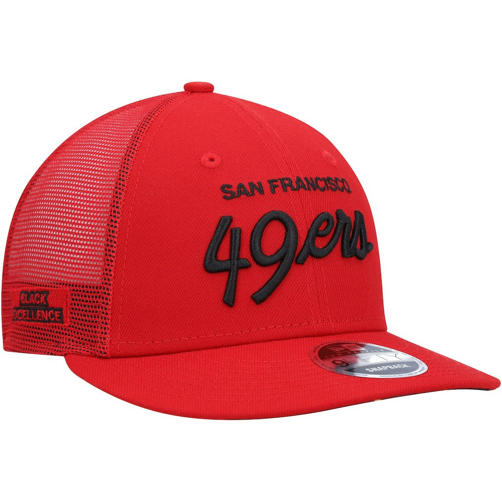 San Francisco 49ers New Era Black Excellence Collection Wordmark Trucker Low Profile 9FIFTY Snapback Hat - Scarlet cheap