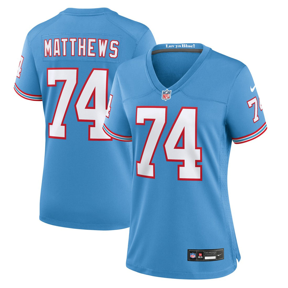 Bruce Matthews Tennessee Titans Women's Oilers Throwback Retired Player Game Jersey - Light Blue | Nike for sale