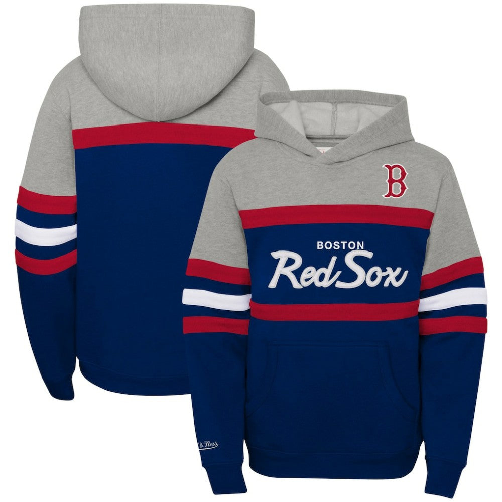 Boston Red Sox Youth Cooperstown Collection Head Coach Pullover Hoodie - Heather Gray/Navy | Mitchell & Ness