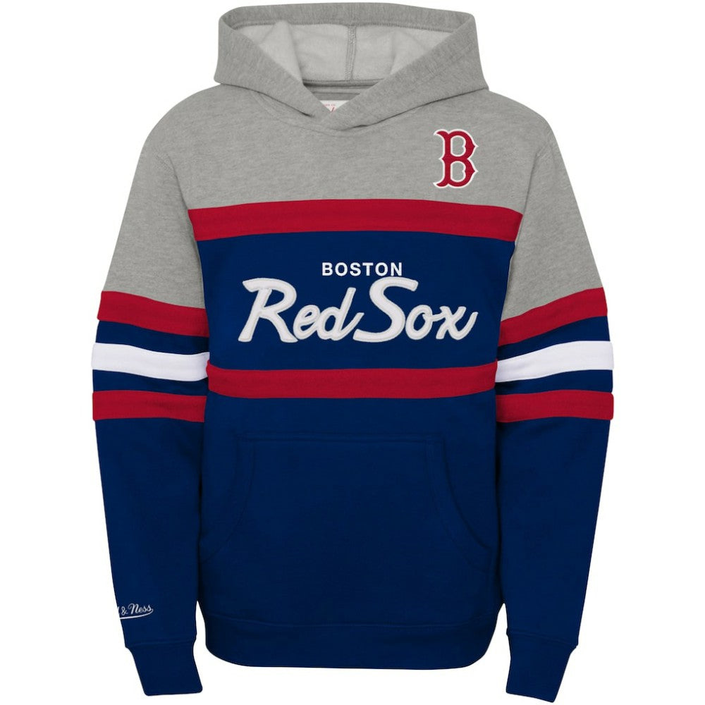 Boston Red Sox Youth Cooperstown Collection Head Coach Pullover Hoodie - Heather Gray/Navy | Mitchell & Ness