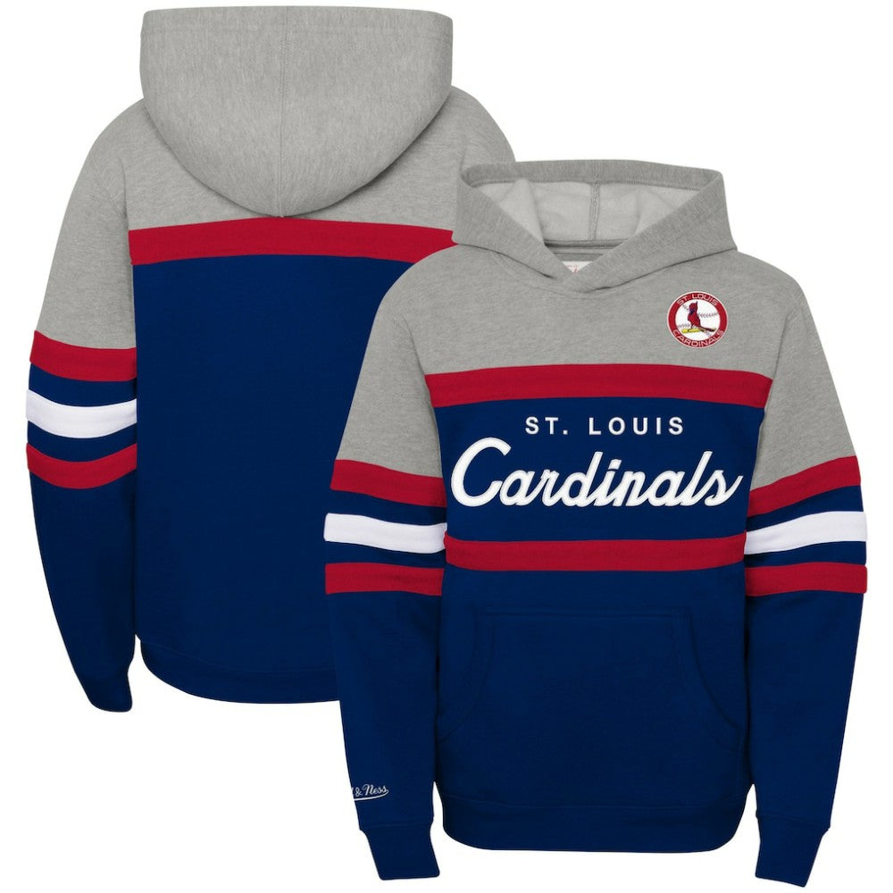 St. Louis Cardinals Youth Cooperstown Collection Head Coach Pullover Hoodie - Heather Gray/Navy | Mitchell & Ness