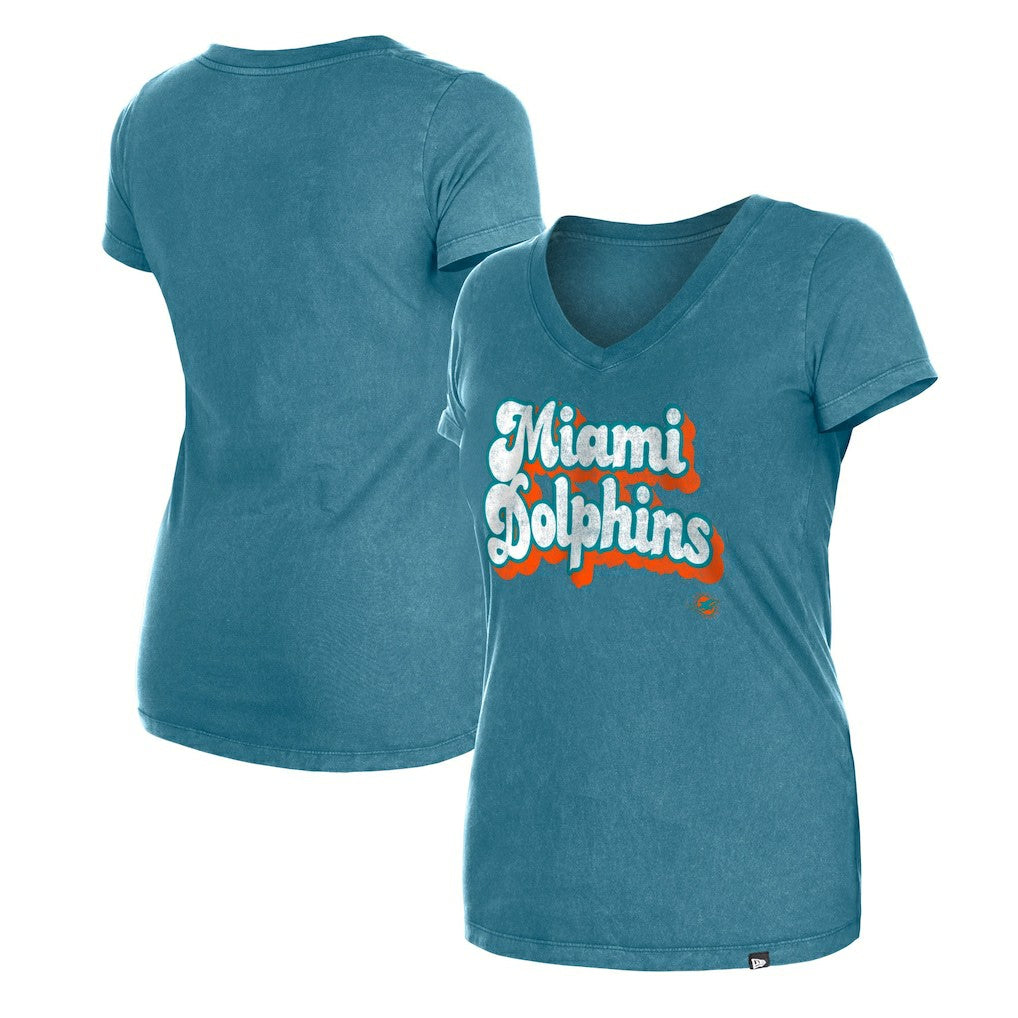 Miami Dolphins New Era Women's Enzyme Wash Low V-Neck T-Shirt - Aqua outlet
