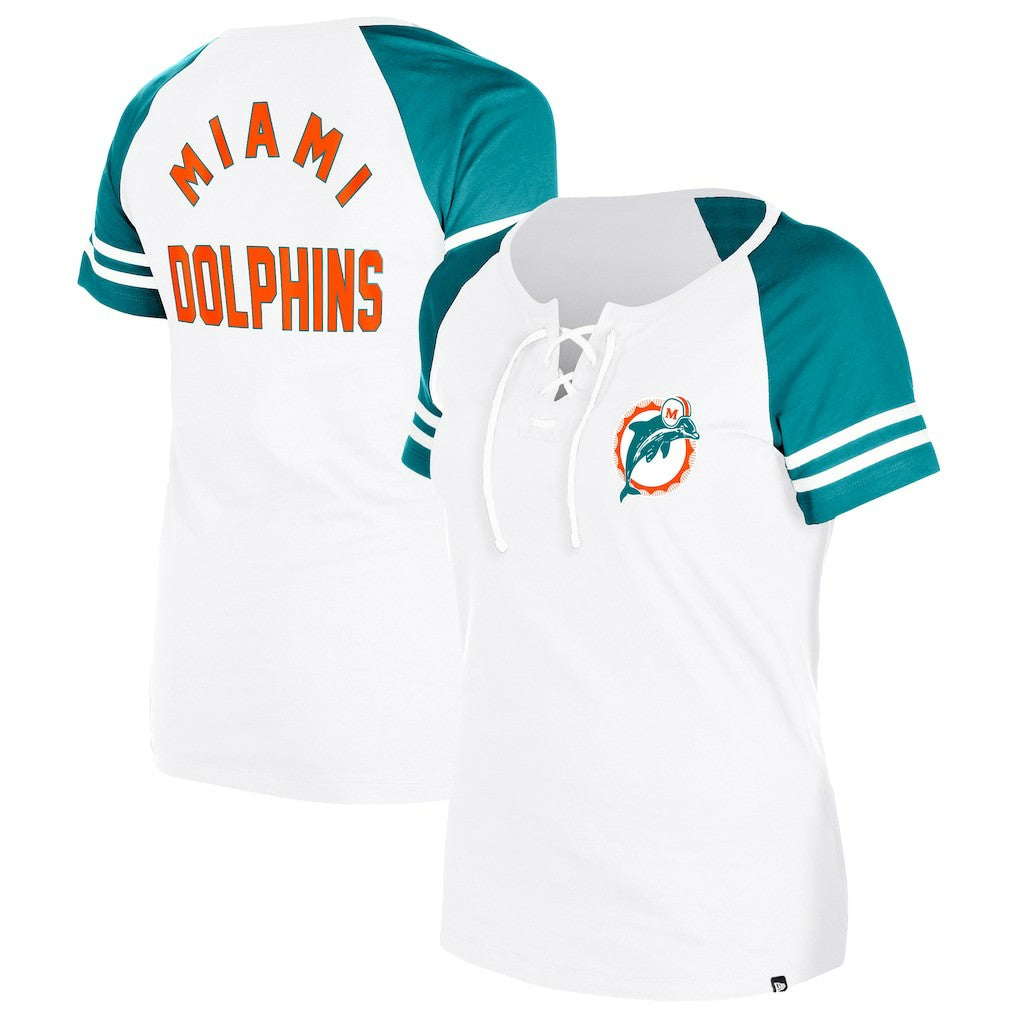 Miami Dolphins New Era Women's Throwback Lace-Up Raglan T-Shirt - Gray for sale